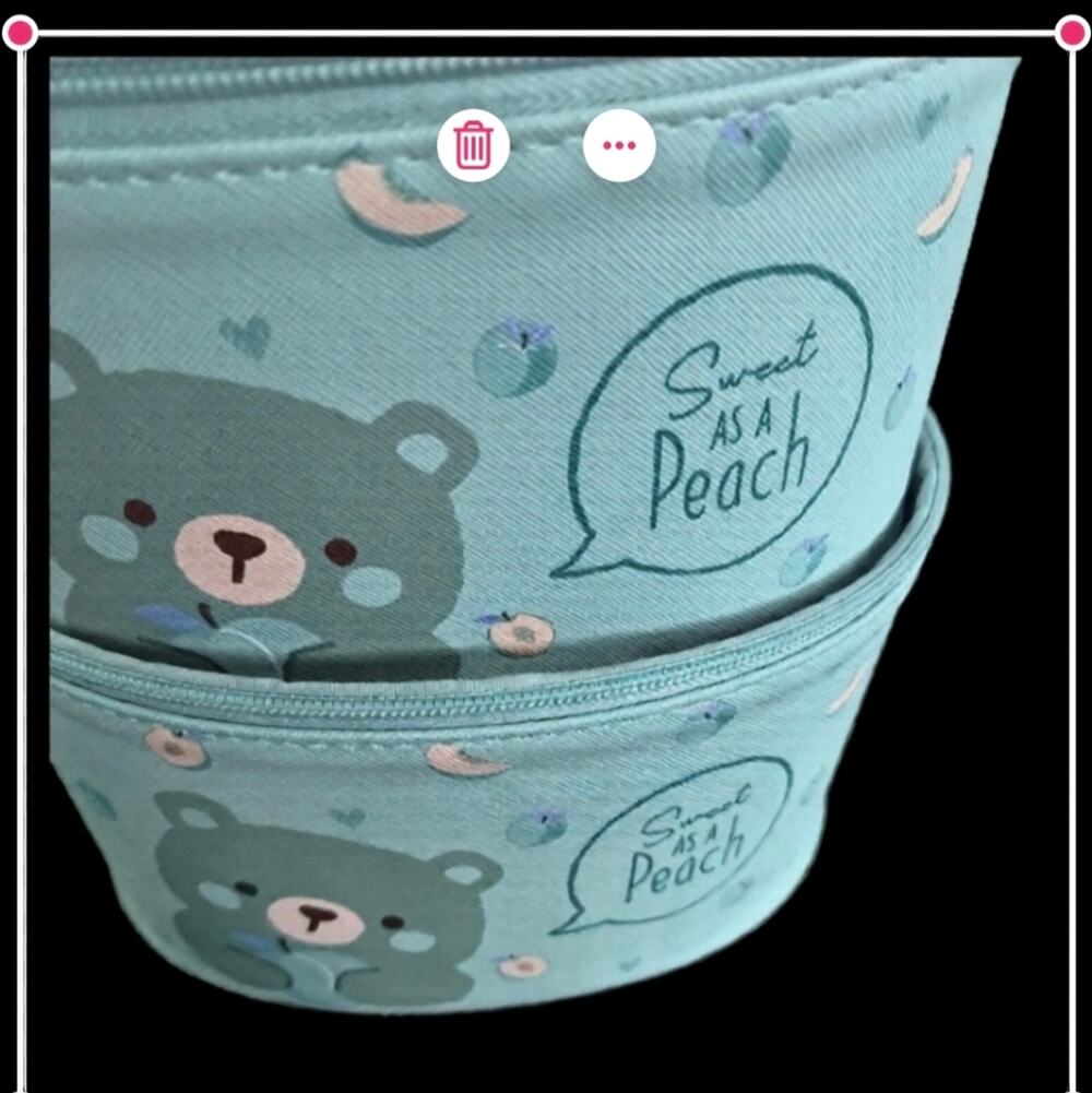 Sweet as a Peach Bear Makeup Bag Set 2pc Blue Travel Cosmetic Toiletry Bags NWT